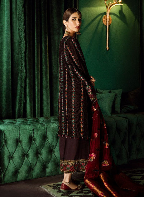 Jamawar and velvet embroidered dress in brown color Nameera by