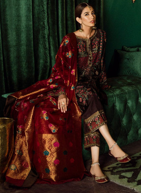 Velvet dresses with jamawar on sale