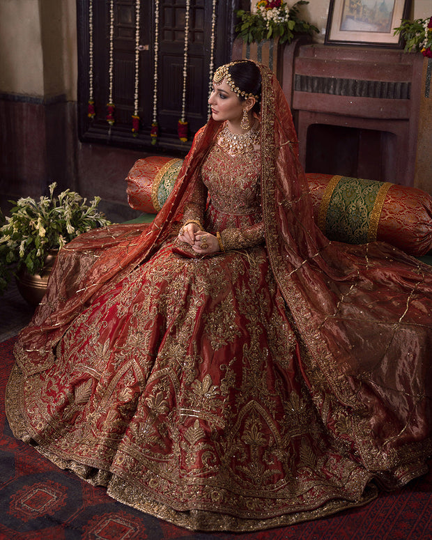 Latest Red Bridal Dress in Pishwas Frock and Lehenga Style