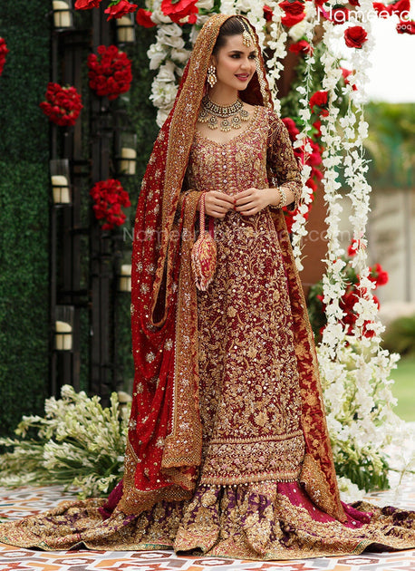 Pakistani Wedding Wear - Maroon Blouse Lehenga - Self Dupatta