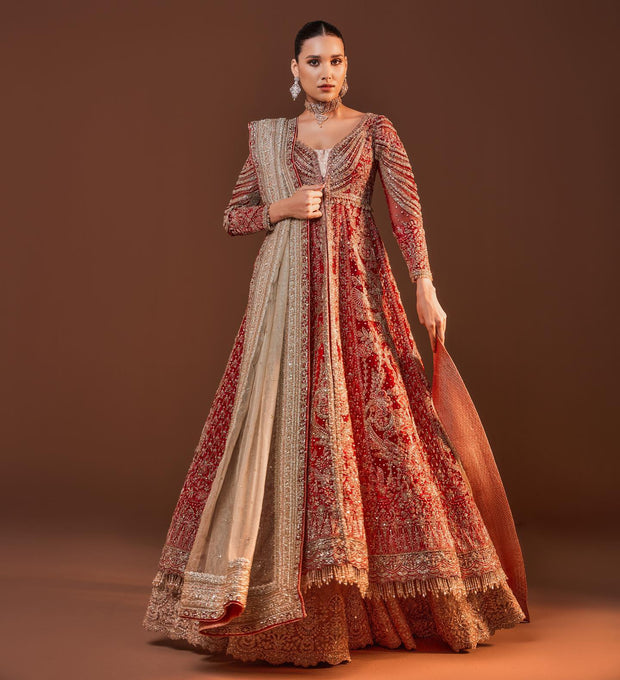 Net Red Lehenga Front Open Gown Indian Bridal Wear