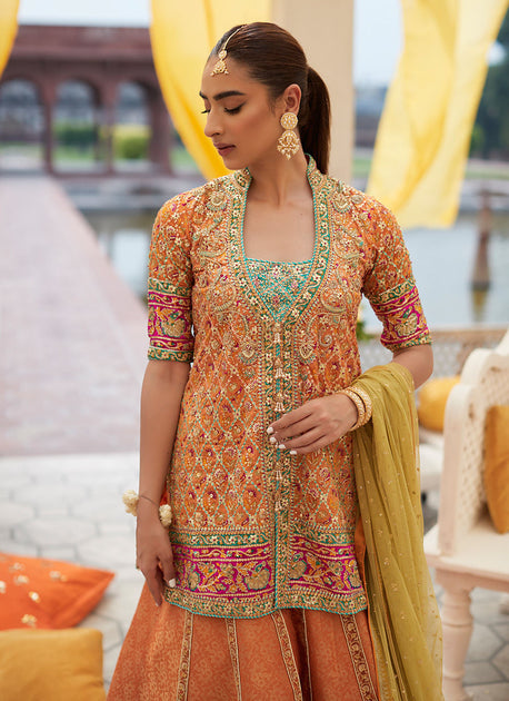 Orange Lehenga Skirt Dress for Pakistani Mehndi Wear – Nameera by