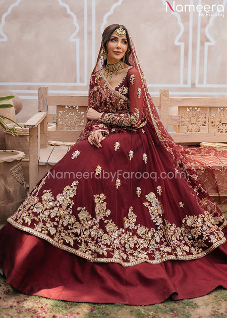 dark red wedding dress pakistani Pakistani Bridal Pishwas Dress in Classic Burgundy Color MEDIUM