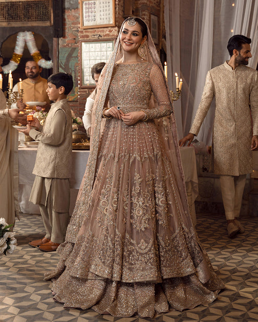 Pakistani Bridal Dress in Double Layered Traditional Pishwas Frock and