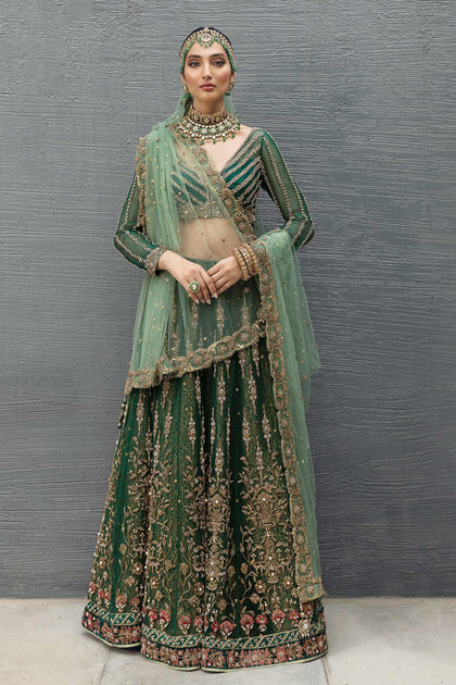 pakistani bridal dresses green Aye  Sage Green Pakistani Bridal Trail Gown with 3D Embellishments USA