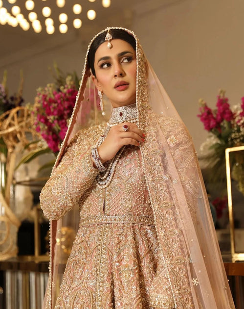 Pakistani Bridal Rose Gold Lehenga Frock and Dupatta Dress Nameera by Farooq