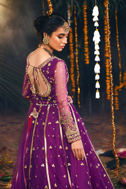 Embellished Purple Kalidar Pishwas Pakistani Mehndi Dresses