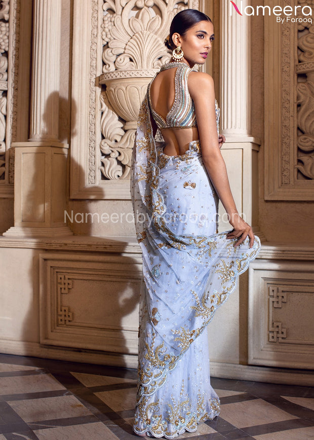 Pakistani Modern Bridal Saree in Sky Blue Color Backside View