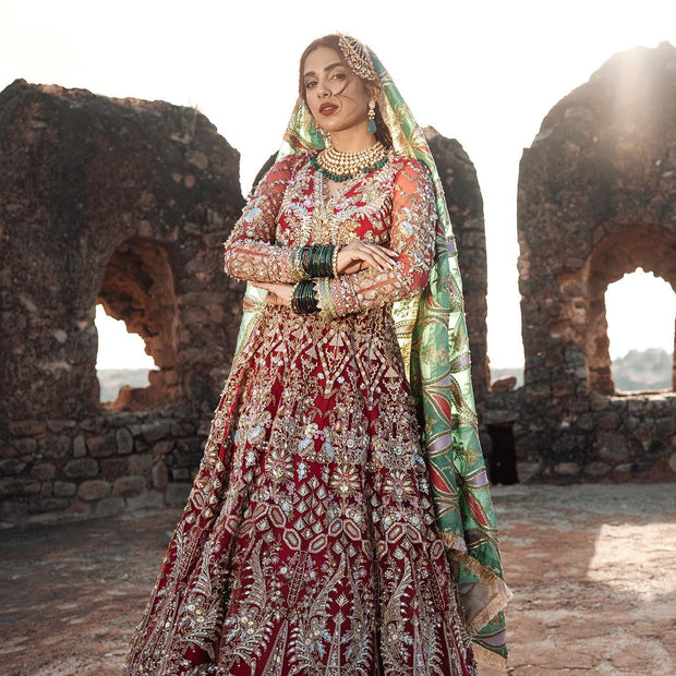 Pakistani Red Bridal Dress in Pishwas Style