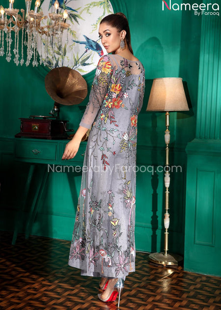 Pakistani Wedding Long Shirt Dress in Grey Online for Bride