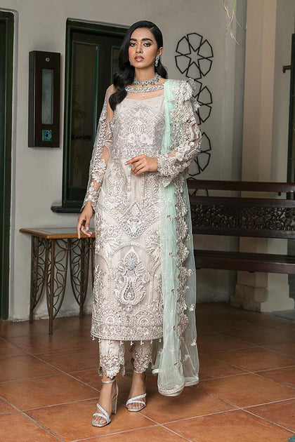 white pakistani dress Pakistani White Dress with Silver Work Designer Online MEDIUM