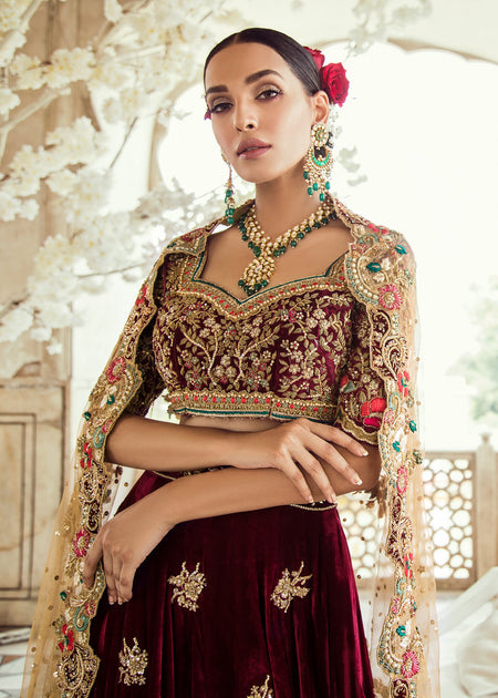 Pakistani Bridal Maroon Velvet Lehnga Dress J5101