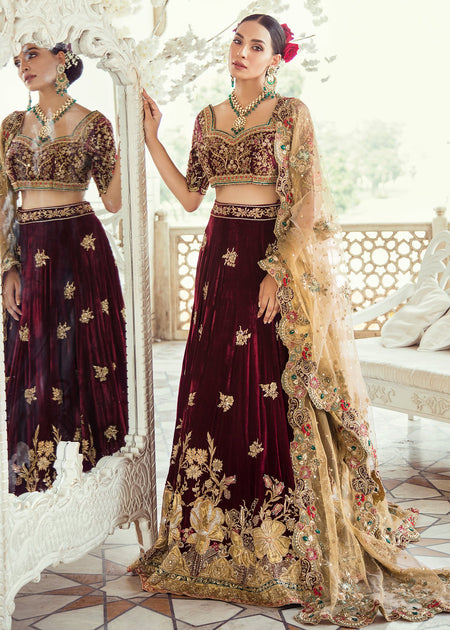 Maroon velvet on sale bridal lehenga