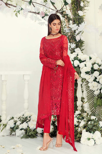 Pakistani Chiffon Suit in Red Color J6116