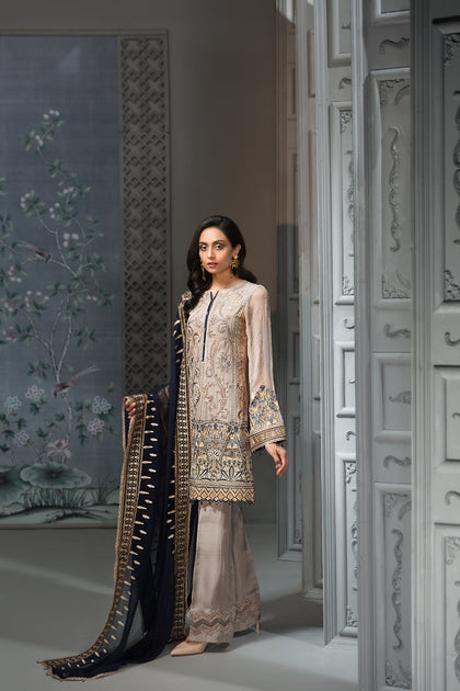 Pakistani Embroidered Party Dress in Gery Color J4347