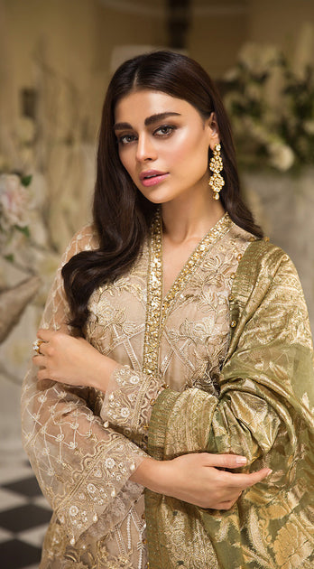 Pakistani embroidered organza dresses in skin gold color – Nameera by Farooq