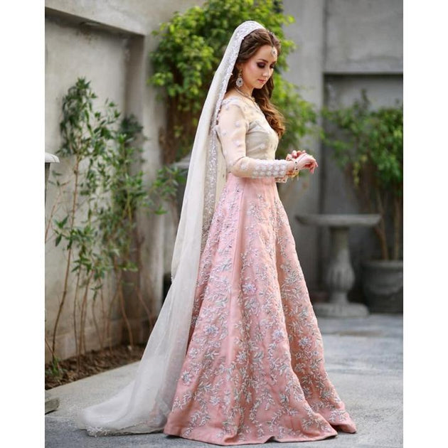 Pakistani Bridal Dress for Walima in Soft Colors B2061