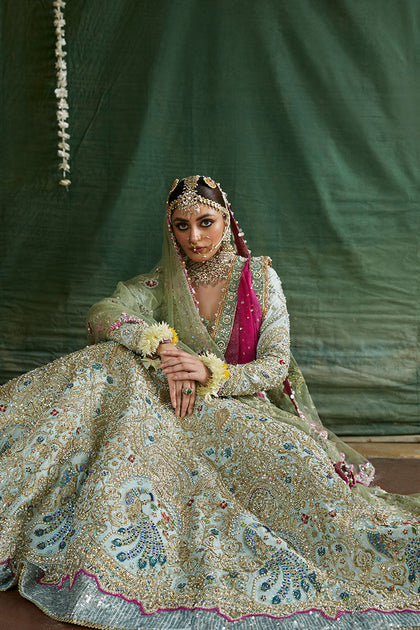 open lace back dress Pastel Green Lehenga Choli for Pakistani Wedding Dresses – Nameera by Farooq