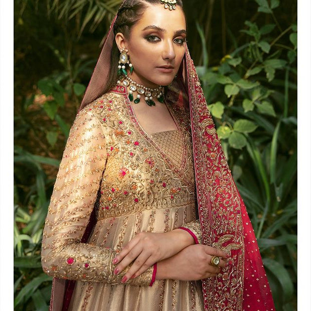 Pishwas Lehenga Golden Bridal Dress Pakistani Online