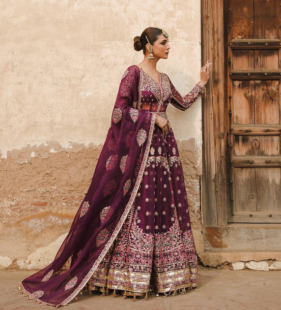 Purple Pakistani Bridal Dress in Pishwas Frock Style – Nameera by Farooq