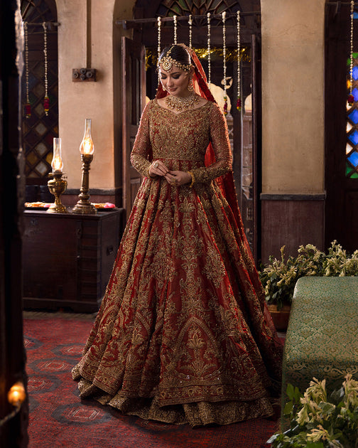 Buy Red Bridal Dress in Pishwas Frock and Lehenga Style – Nameera