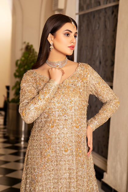Elegant Golden Maxi Pakistani Bridal Dress for Weddings – Nameera by Farooq