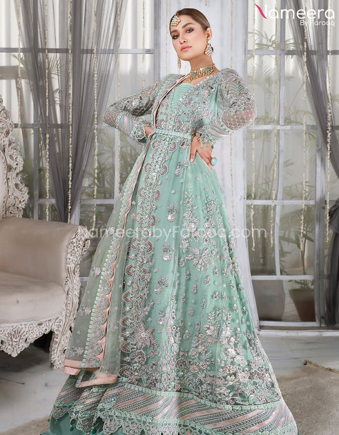 Embroidered Sky Blue Dress Pakistani in Net Fabric Online