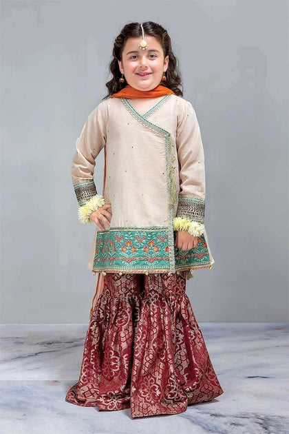 Stylish Skin Gold Angrakha with Gharara Dress for Kids k804