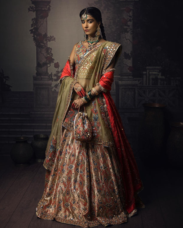 Tissue Lehenga with Sleeveless Choli and Dupatta Dress