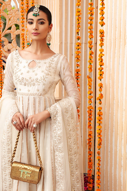 White and Gold Dress Pakistani in Classic Pishwas Style SMALL