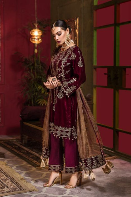 Beautiful Pakistani velvet embroidered party dress in rich maroon color P2456