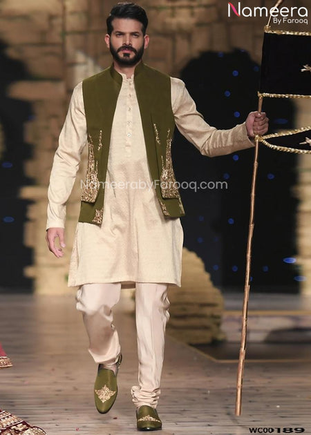 Designer Wedding Waistcoat in Pakistani Mens Sherwani Style Nameera by Farooq