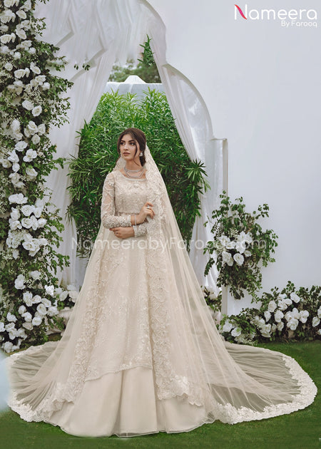 White Pakistani Bridal Dress in Lehenga Gown Style Online – Nameera by  Farooq