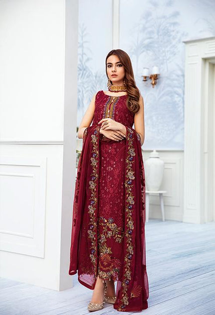 Latest embroidered chiffon dress online in reddish maroon color P2511