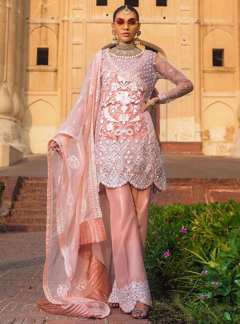 Elegant Pakistani designer net embroidered dress in pink color P2340