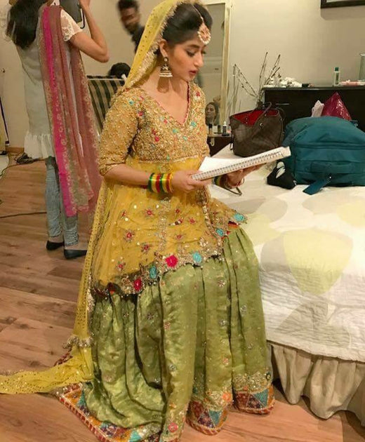 Yellow Green Mehndi Dress For Bride Wedding Brida Yellow And Mehndi Green Color With Gota Dabka Yellow Green Mehndi Dress For Bride Wedding Brida Yellow And Mehndi Green Color With Gota Dabka