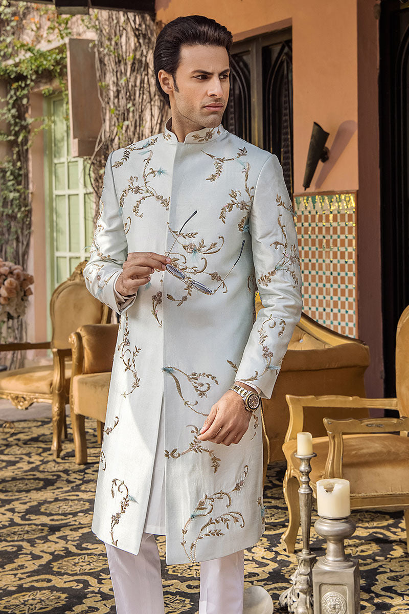 Elegant Ice Blue Pure Silk Mens Sherwani for Special Occasions