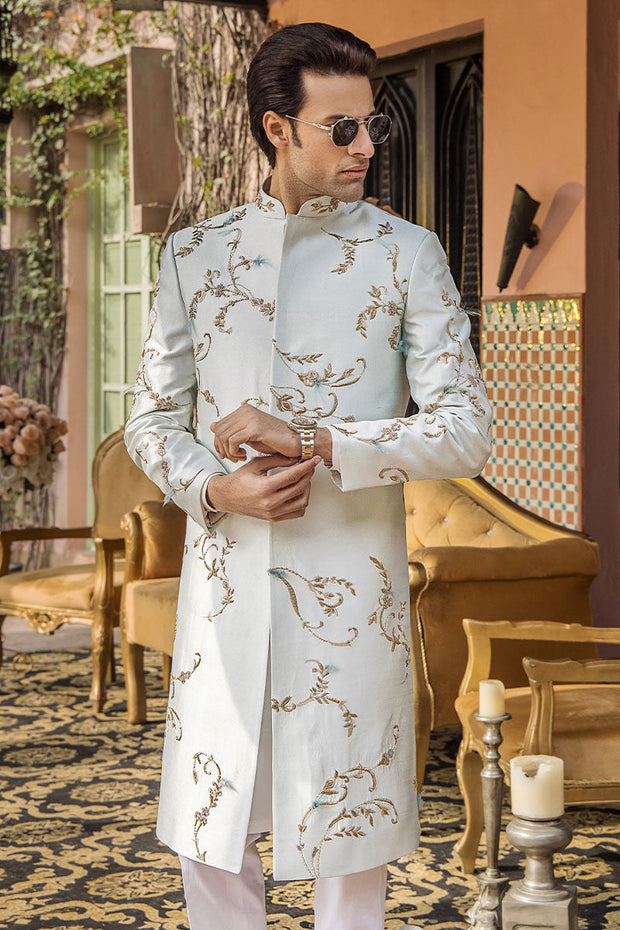 Elegant Ice Blue Pure Silk Mens Sherwani for Special Occasions
