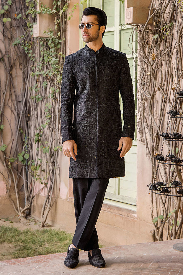 Elegant Black Pure Silk Wedding Sherwani for Men