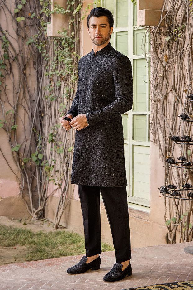 Elegant Black Pure Silk Wedding Sherwani for Men
