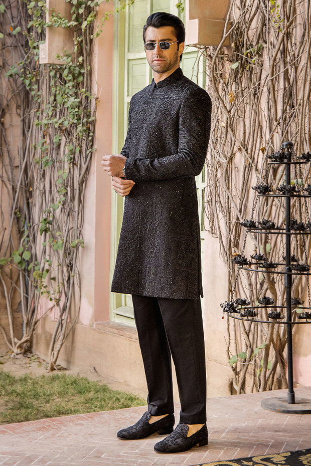 Elegant Black Pure Silk Wedding Sherwani for Men
