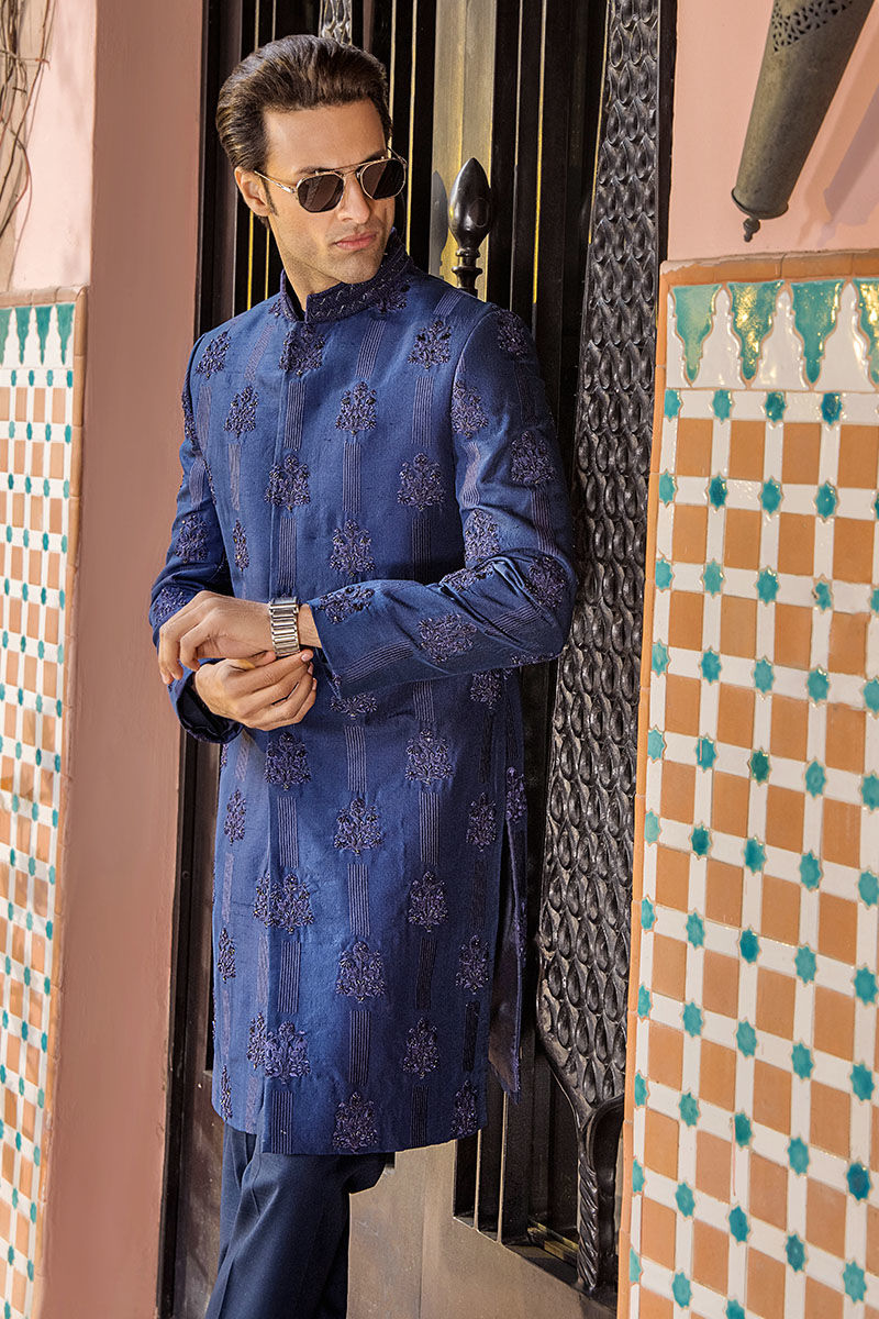 Hand-Made Sapphire Blue Pure Silk Groom Sherwani