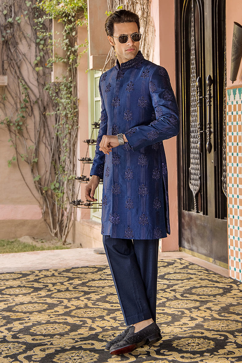 Hand-Made Sapphire Blue Pure Silk Groom Sherwani