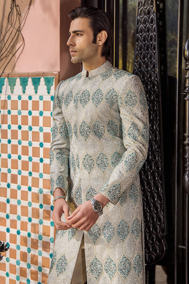 Elegant Aqua Pure Silk Pakistani Sherwani for Special Events