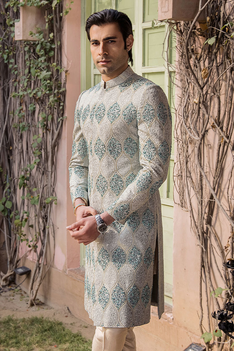 Elegant Aqua Pure Silk Pakistani Sherwani for Special Events
