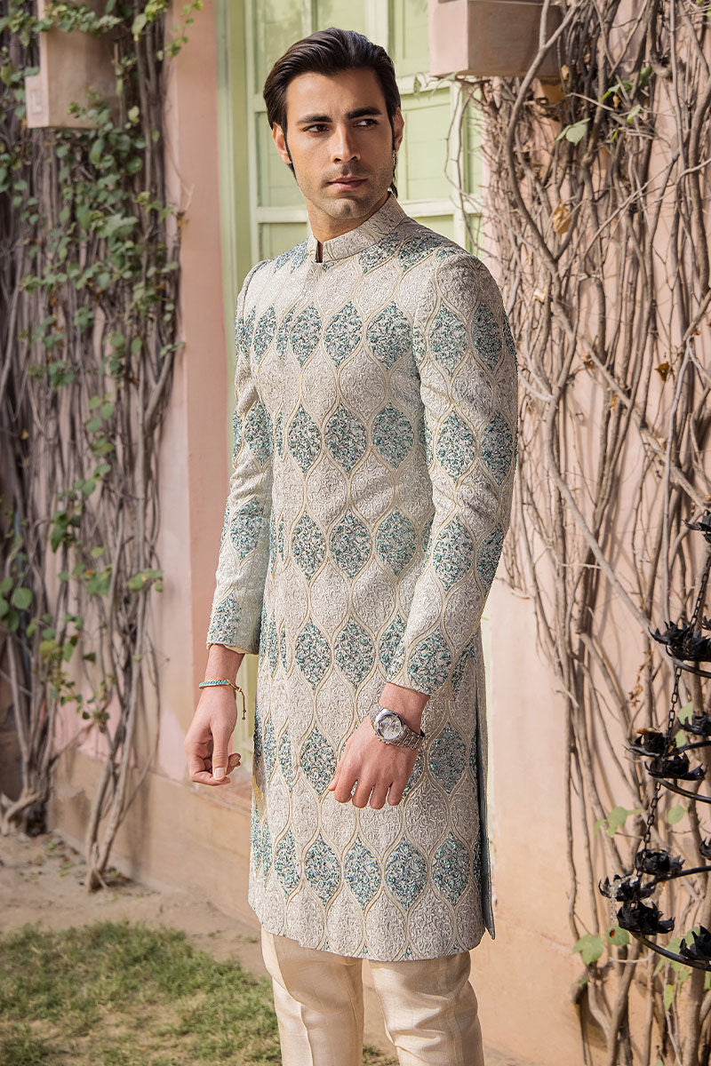 Elegant Aqua Pure Silk Pakistani Sherwani for Special Events