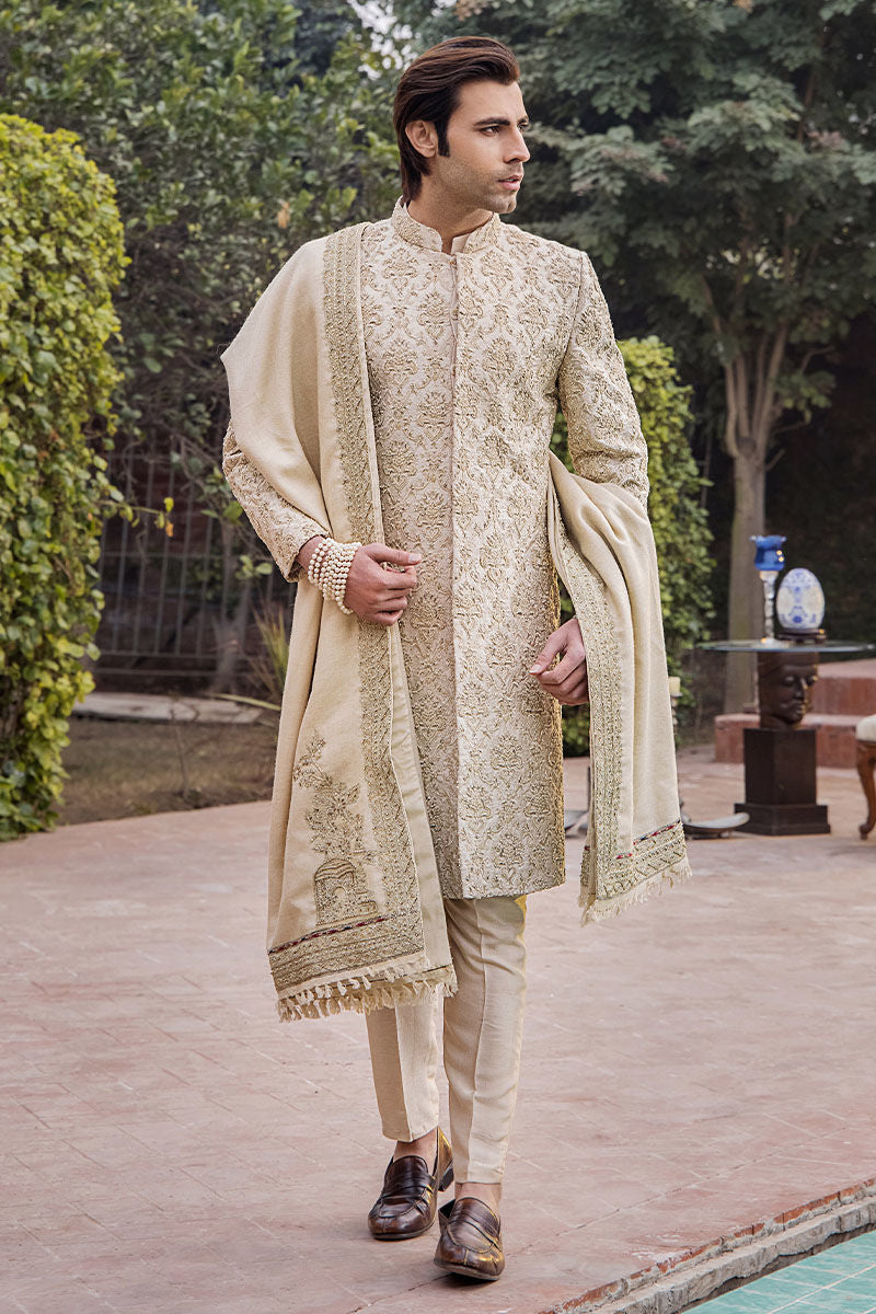 Elegant Ivory Pure Silk Pakistani Sherwani for Weddings