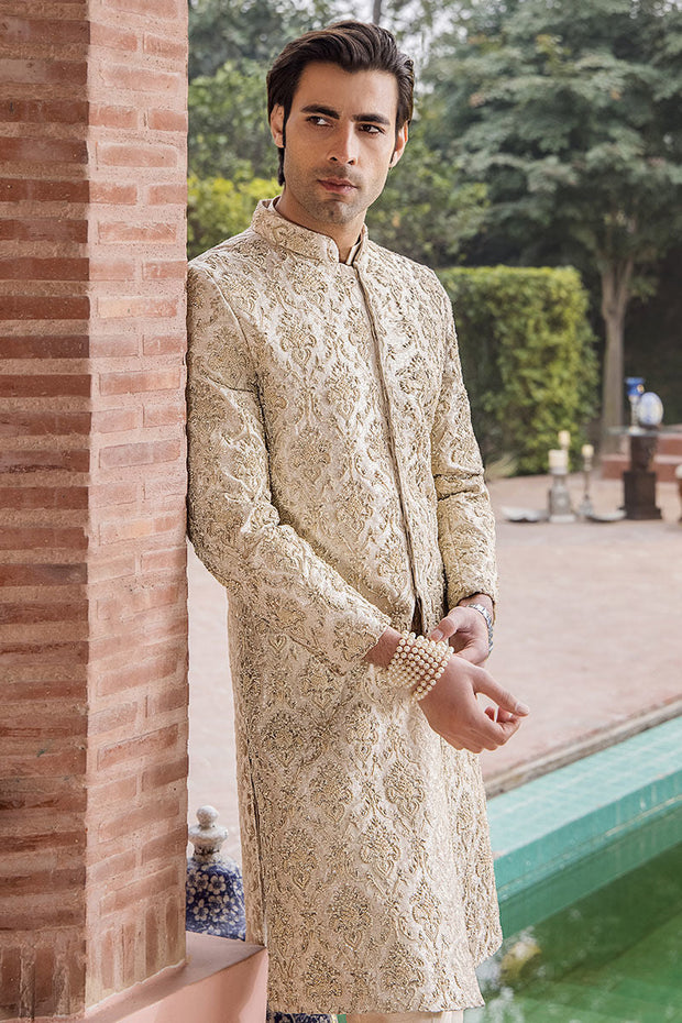 Elegant Ivory Pure Silk Pakistani Sherwani for Weddings