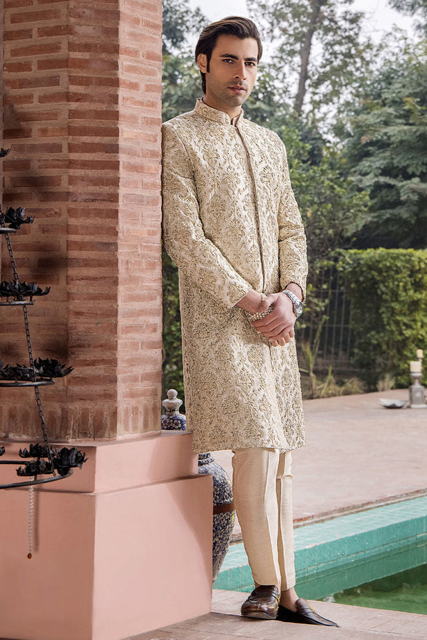 Elegant Ivory Pure Silk Pakistani Sherwani for Weddings