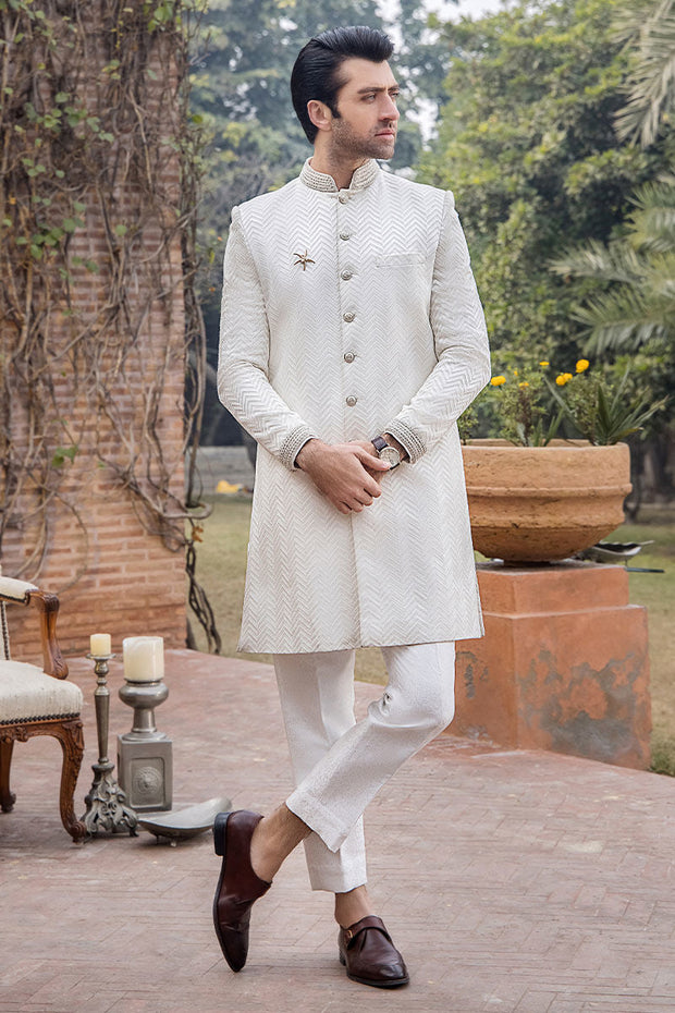 Elegant Pearl White Silk Wedding Sherwani for Men